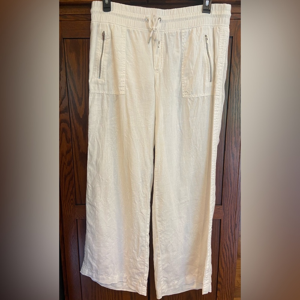 Athleta CABO Wide Leg Linen Pants Size 12 Zip pockets Drawstring elastic waist